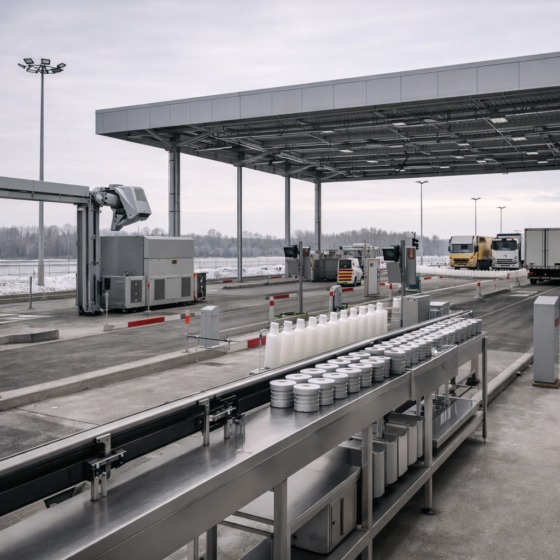 Modern border checkpoint lanes and upgraded crossing infrastructure in winter daylight, no text