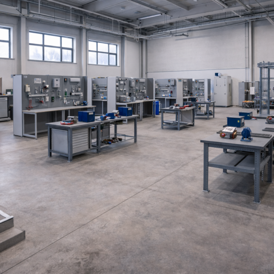 Vocational training workshop with practical stations and PPE racks in winter daylight, no text