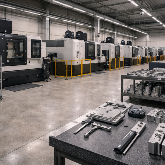 Modern defense industrial workshop with CNC machining and quality inspection equipment in winter daylight, no text