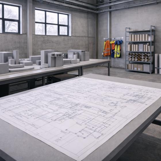 Engineering and construction design coordination space with safety gear and plan tubes, no text