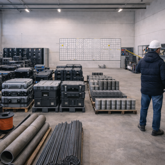 Infrastructure coordination warehouse with clean equipment cases and materials prepared for approved projects, winter daylight, no text