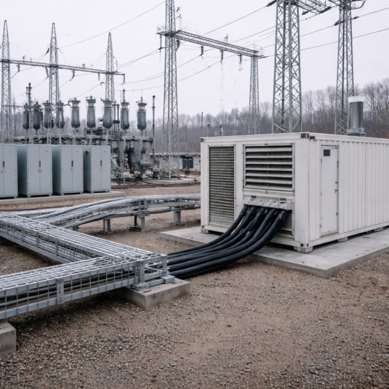 Electrical substation upgrade with containerized cogeneration module in winter daylight, no text