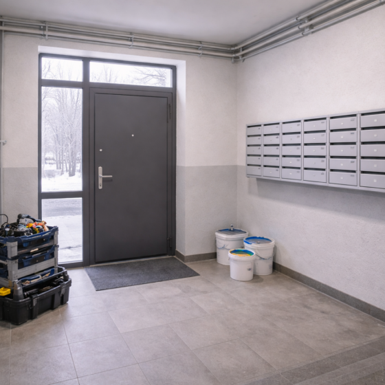 Renovated apartment building entrance with modernization works, no text