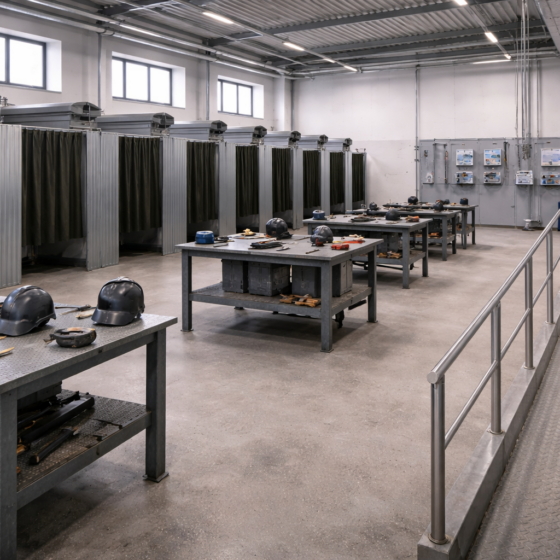 Modern vocational training workshop with welding booths and electrical practice area, winter light, no text