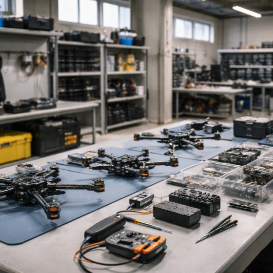 Drone manufacturing workshop in Ukraine with modular quadcopter components on a workbench, winter daylight, no text