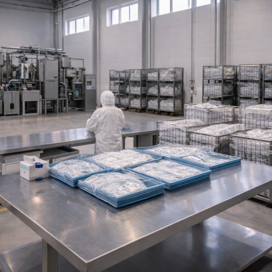 Modern light industrial facility with clean stainless work areas and compact production equipment, winter daylight, dry matte surface