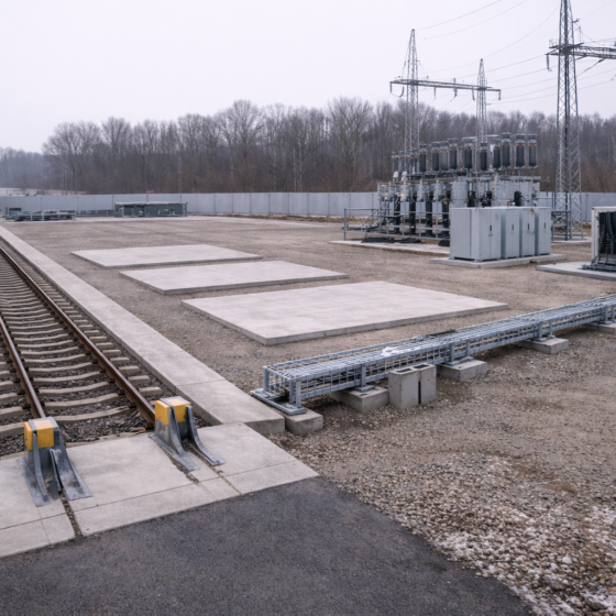 Industrial park site with rail spur and small substation upgrade in winter daylight, no text