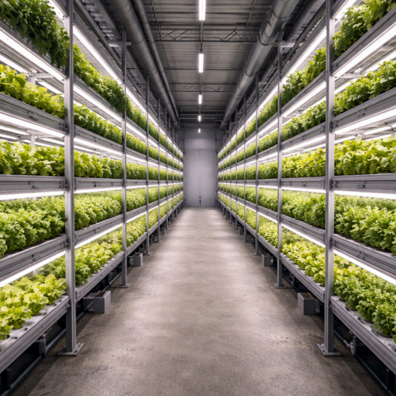 Urban vertical farming facility with multi tier hydroponic racks of leafy greens in winter daylight, no text