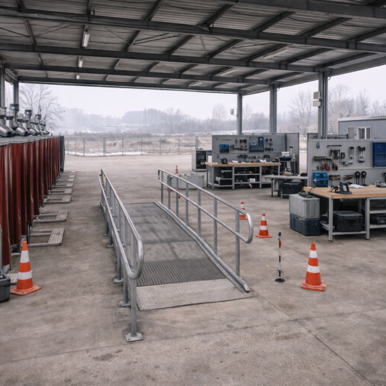 Outdoor covered vocational training yard with welding booths and accessible ramp, winter daylight, no text