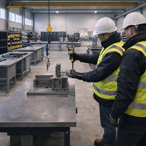 Inclusive industrial workshop with adjustable workbenches and safety gear, designed for upskilling and accessible employment, winter daylight