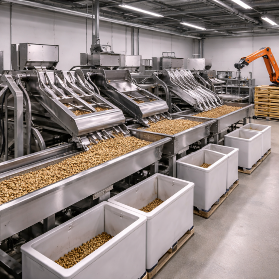 Automated walnut sorting and processing line in a clean food facility in winter daylight, no text