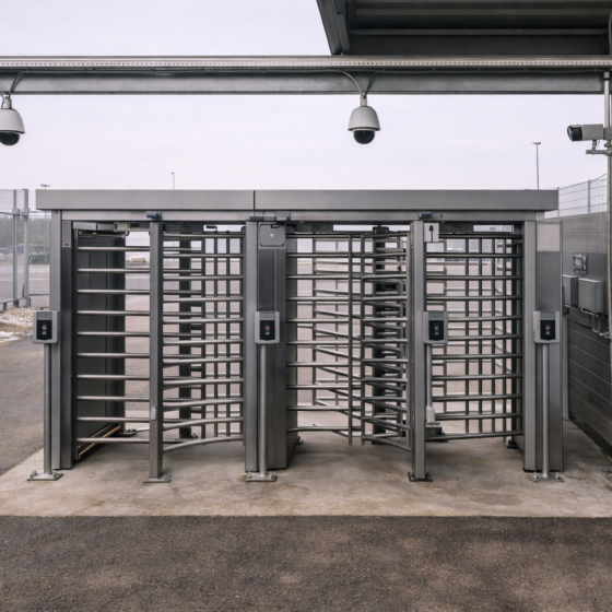 Industrial facility entry checkpoint with access control gates and CCTV cameras, winter daylight, no text