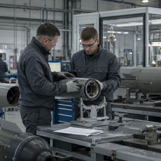 Engineers inspect missile components in a secure aerospace workshop