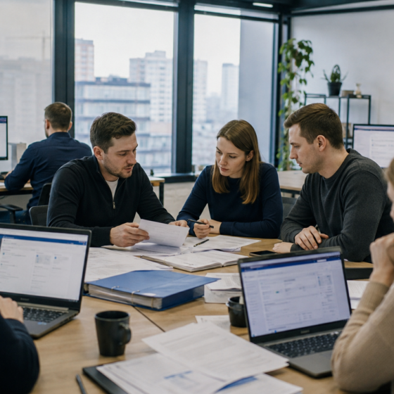 Finance team discusses automated business lending in a modern office