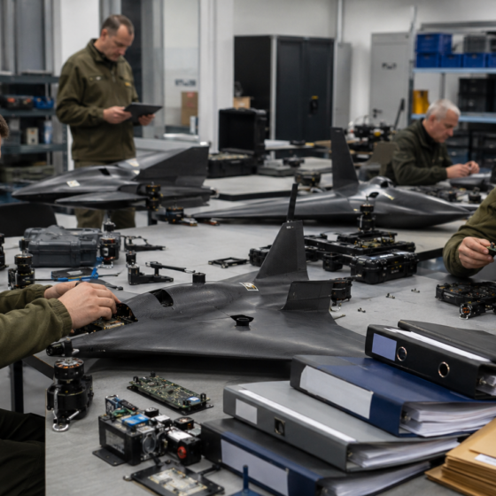 Engineers inspect drone components in a secure workshop