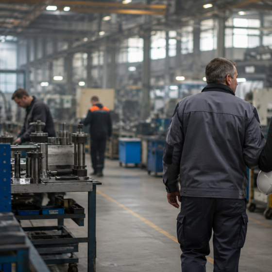 Factory supervisors walk through an active production floor with open workstations