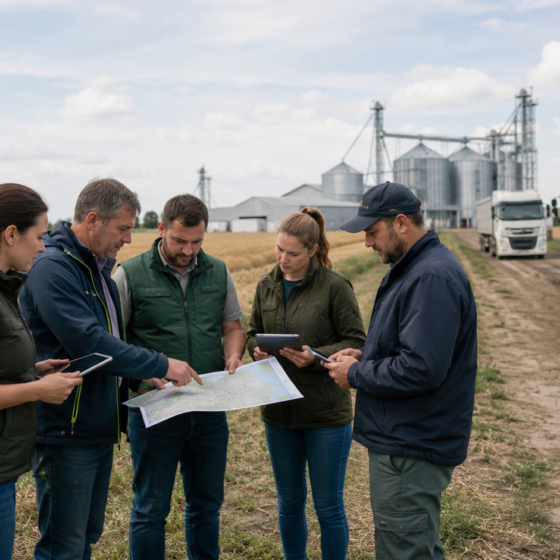 Agronomists and logistics specialists review export traceability data near a crop field
