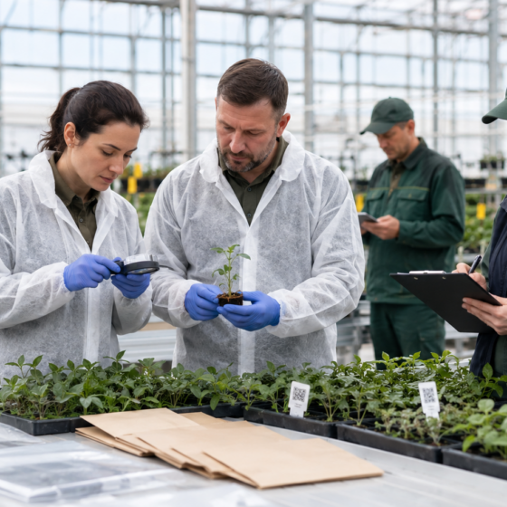 Phytosanitary inspection team checking plants in a greenhouse facility