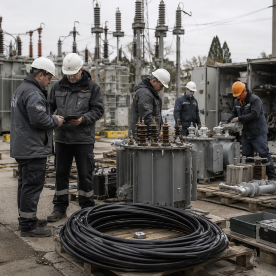 Engineers inspect emergency energy equipment at a substation