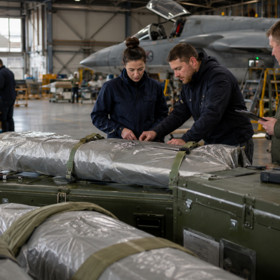 Technicians inspect aviation equipment in a military maintenance hangar