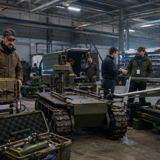 Defense engineers inspect drones and ground robotic equipment in an industrial demo area