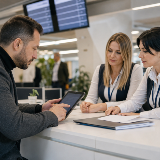 Entrepreneur uses a tablet at a modern public service center for digital permits