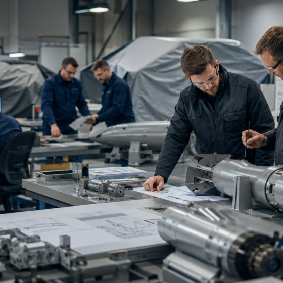 Engineers inspect precision aerospace components in a secure workshop
