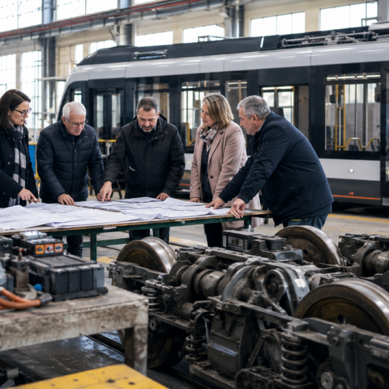 Engineers inspect tram equipment in a maintenance depot