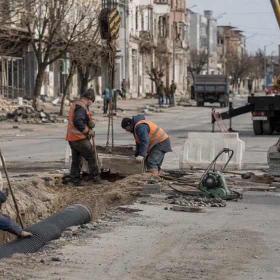 Workers repair public utilities at a Ukrainian recovery site