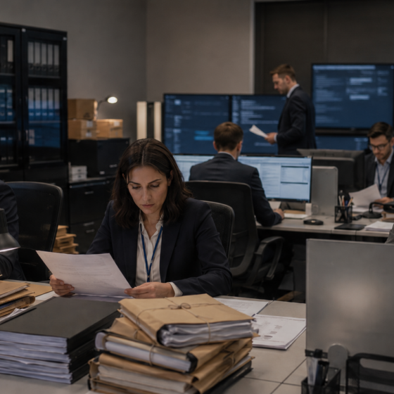 Financial compliance specialists review foreign account data in a secure office